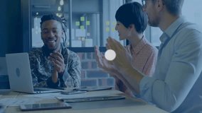 Coworkers sitting around business meeting table, showing animated network of smartphone music icons. Collaboration, teamwork, innovation, creativity, digital, connectivity, modern - Powered by Shutterstock - Get 15% off with code: PIKWIZARD15