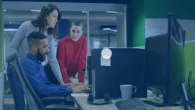 colleagues collaborating at desk in technology office, showing floating smartphone and music icons. Collaboration, teamwork, innovation, digital, productivity, modern, workspace - Powered by Shutterstock - Get 15% off with code: PIKWIZARD15