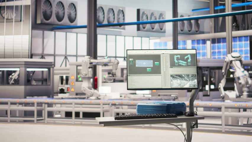 Display in industry 4.0 solar panels plant tracking energy production and efficiency through IoT sensors. Monitor in smart photovoltaics factory displaying system performance metrics, zoom in shot - Powered by Shutterstock - Get 15% off with code: PIKWIZARD15