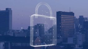 3D wireframe padlock floating above dusk cityscape, highlighting glowing alphanumeric characters. Cyberspace, security, encryption, urban, futuristic, technology, digital - Powered by Shutterstock - Get 15% off with code: PIKWIZARD15