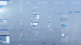 Digital dashboard overlay showing pie charts, bar graphs and data tables over foggy city skyline. Technology, analytics, data science, financial, urban, modern, innovation - Powered by Shutterstock - Get 15% off with code: PIKWIZARD15