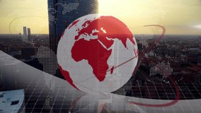 Semi-transparent 3D globe showing Americas in red hovering over city skyline, with map overlays. Technology, geopolitics, data visualization, futuristic, urban, digital, connectivity - Powered by Shutterstock - Get 15% off with code: PIKWIZARD15