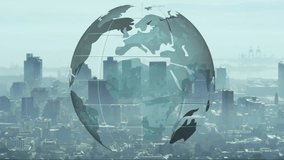 3D render globe overlay floating above cityscape, highlighting grid lines and distant port cranes. Geography, technology, urbanization, global, innovation, connectivity, futuristic - Powered by Shutterstock - Get 15% off with code: PIKWIZARD15