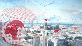 Red halftone globe spinning over urban waterfront, showing floating Wi‑Fi icons and mesh overlay. Technology, connectivity, communication, digital, smart city, innovation, infrastructure - Powered by Shutterstock - Get 15% off with code: PIKWIZARD15