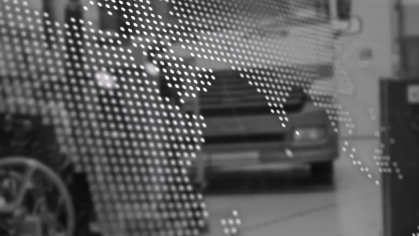 Wheelchair user being visualized in industrial bay with floating data fragments beside truck front. Assistive technology, logistics, digital integration, industrial environment, accessibility, data - Powered by Shutterstock - Get 15% off with code: PIKWIZARD15