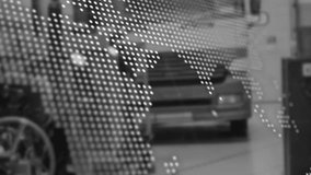 Wheelchair user being visualized in industrial bay with floating data fragments beside truck front. Assistive technology, logistics, digital integration, industrial environment, accessibility, data - Powered by Shutterstock - Get 15% off with code: PIKWIZARD15