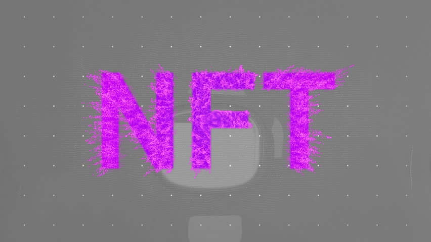 NFT letters forming from magenta pixels and glitch edges, floating over gray wireframe in 3D render. Futuristic, digital, abstract, technology, innovation, virtual, neon