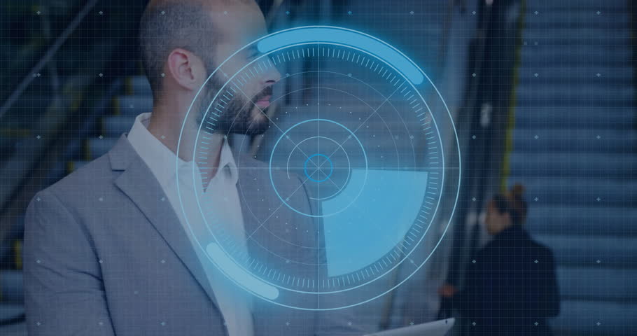 Business executive analyzing holographic HUD on stairs, with floating pie and bar charts, waveform. Technology, innovation, data visualization, corporate, futurism, analytics, digital