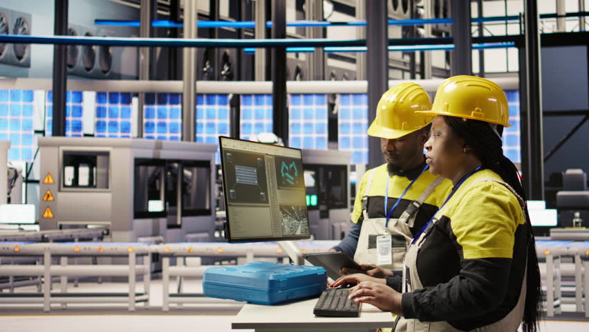 Smart factory manager overseeing work done by engineer calibrating high tech machinery and analyzing sensor data. Team leader supervising engineer troubleshooting assembly equipment, camera A