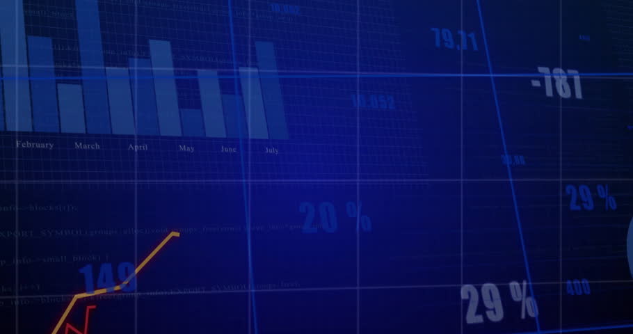 Digital data analytics dashboard being animated on blue grid, featuring bright line and bar charts. Technology, innovation, visualization, business, dashboard, insights, efficiency