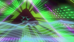 Neon green and magenta triangles floating in scene layering glowing waveform lines flat design. Futuristic, cyber, vibrant, geometric, technology, digital, immersive - Powered by Shutterstock - Get 15% off with code: PIKWIZARD15