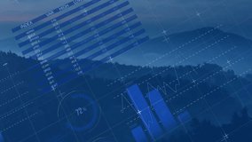 Blue circular pie charts floating over misty mountain landscape, displaying data with grid overlays. Mountain, dawn, infographics, data visualization, landscape, outdoor, technology - Powered by Shutterstock - Get 15% off with code: PIKWIZARD15