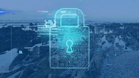 Digital padlock hovering over rocky shore, showing neon circuits, data panels and scanning charts. Cybersecurity, technology, innovation, digital, security, futuristic, data - Powered by Shutterstock - Get 15% off with code: PIKWIZARD15