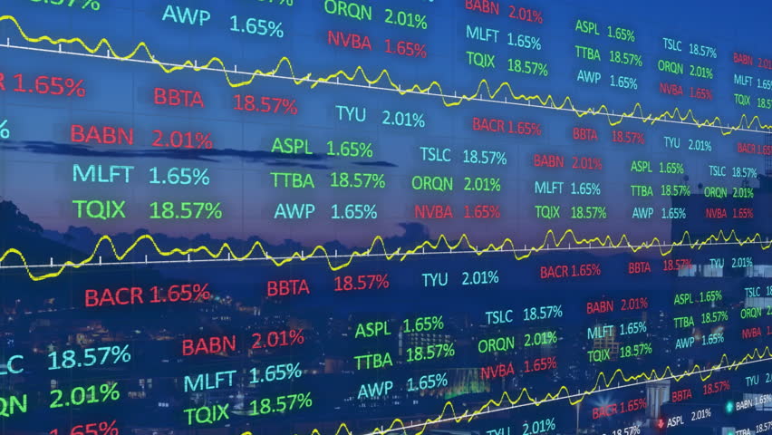 Displaying financial overlay on dusk cityscape, showing stock tickers, yellow trend lines. Finance, urban, data visualization, technology, investment, analytics, modern - Powered by Shutterstock - Get 15% off with code: PIKWIZARD15