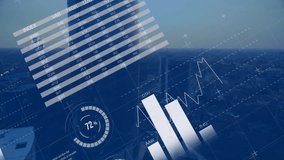 HUD overlay displaying data visualizations over skyline, showing pie charts, bar graph, world map. Futuristic, technology, data, analytics, urban, digital, innovation - Powered by Shutterstock - Get 15% off with code: PIKWIZARD15
