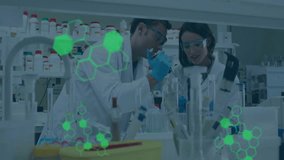 Scientists conducting biology experiment in lab, displaying animated hexagonal molecular graphics. Research, innovation, technology, biotechnology, analytical, precision, development - Powered by Shutterstock - Get 15% off with code: PIKWIZARD15