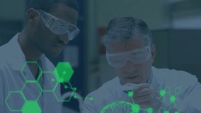 Two scientists examining holographic brain in tech lab showing molecular and hex network overlays. Research, innovation, biotechnology, digital, discovery, collaboration, futuristic - Powered by Shutterstock - Get 15% off with code: PIKWIZARD15