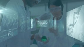 Two scientists holding test tube examining holographic panels in lab showing DNA, brain network. Biotechnology, innovation, futuristic, collaboration, precision, discovery, digital - Powered by Shutterstock - Get 15% off with code: PIKWIZARD15