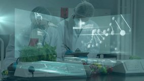 Scientists examining fresh produce on lab bench, showcasing holographic DNA helix and code overlays. Biotechnology, innovation, research, futuristic, sterile, collaboration, biomedical - Powered by Shutterstock - Get 15% off with code: PIKWIZARD15
