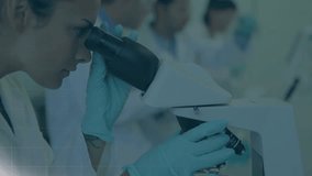 Female scientist adjusting microscope eyepiece in science lab using globe overlay and network icons. Research, innovation, technology, precision, digital, futuristic, biomedicine - Powered by Shutterstock - Get 15% off with code: PIKWIZARD15