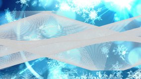 Translucent mesh ribbon flowing across flat design blue grid with snowflake icons and flares. Futuristic, digital art, abstract, vibrant, geometric, luminous, tech-inspired - Powered by Shutterstock - Get 15% off with code: PIKWIZARD15