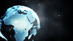 Holographic 3D Earth globe pulsing in dark space scene, showing blue starburst and orbiting rings. Futuristic, technology, innovation, digital, virtual, planetary, sci-fi - Powered by Shutterstock - Get 15% off with code: PIKWIZARD15