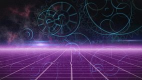 Purple grid floor receding toward neon horizon with blue gear outlines floating amid glitch effects. Cyberspace, futurism, neon, technology, abstract, digital, virtual - Powered by Shutterstock - Get 15% off with code: PIKWIZARD15