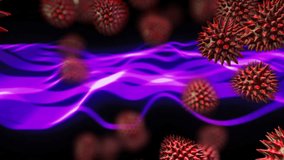 Red spiky spheres floating against dark backdrop, purple neon waveforms flowing in 3D render. Digital art, abstract, futuristic, cyberpunk, neon, technology, innovation - Powered by Shutterstock - Get 15% off with code: PIKWIZARD15