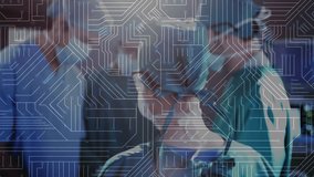 medical team working inside high-tech operating room, displaying floating circuit-board overlay. Healthcare, innovation, modern, precision, collaboration, technology, clinical - Powered by Shutterstock - Get 15% off with code: PIKWIZARD15