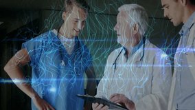 medical team clustering around tablet in lab, exploring floating circuit and neural data visuals. Innovation, healthcare, technology, collaboration, research, futurism, analysis - Powered by Shutterstock - Get 15% off with code: PIKWIZARD15