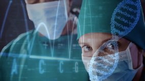 Medical surgeons analyzing genomic data in operating room, displaying ECG waveforms and DNA helix. Medicine, innovation, technology, healthcare, research, diagnostics, science - Powered by Shutterstock - Get 15% off with code: PIKWIZARD15