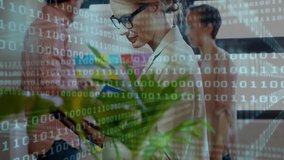 Female coworker writing on tablet in tech office, showing binary code streams and sticky notes. Collaboration, innovation, digital, workplace, brainstorming, technology, connectivity - Powered by Shutterstock - Get 15% off with code: PIKWIZARD15