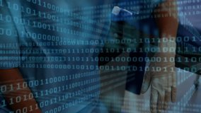 Female healthcare worker wearing scrubs with mask in clinical room, monitoring binary data overlay. Medical professional, healthcare, technology, digital, data analytics, clinical, futuristic - Powered by Shutterstock - Get 15% off with code: PIKWIZARD15