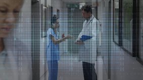 Medical team holding red NETWORK letters, overlaying blue digital grid for technology networking. Collaboration, connectivity, innovation, technology, professionalism, digital, teamwork - Powered by Shutterstock - Get 15% off with code: PIKWIZARD15
