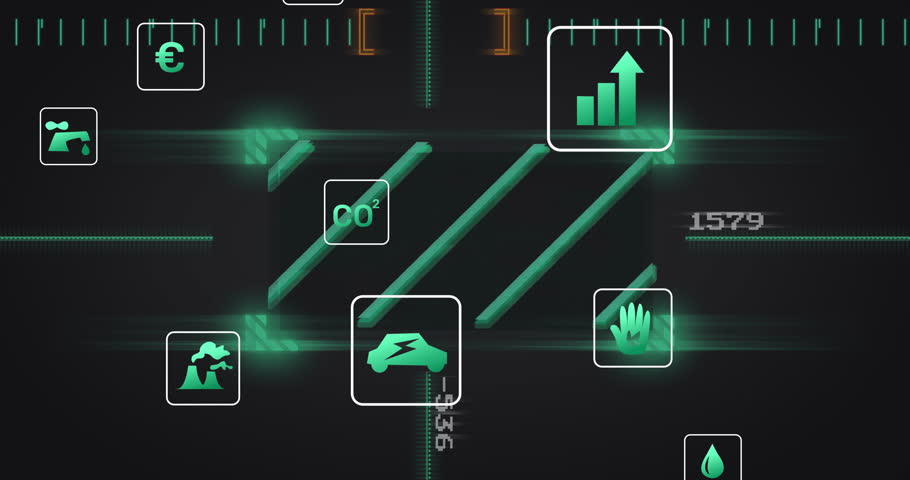 Electric car icon showing glowing neon green energy symbols cascading across dark dashboard. Futuristic, digital, technology, innovation, sustainability, data, interface