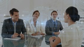 Woman candidate shaking hands during business meeting, displaying digital interface overlay. Professional, networking, innovation, corporate, collaboration, futuristic, formal - Powered by Shutterstock - Get 15% off with code: PIKWIZARD15