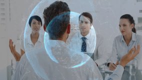 Business professionals discussing around glass table in office, exploring digital globe hologram. Corporate, teamwork, innovation, presentation, technology, collaboration, modern - Powered by Shutterstock - Get 15% off with code: PIKWIZARD15