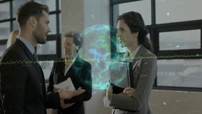 Business team discussing technology in office, showing holographic globe with data overlays. Corporate, innovation, digital, teamwork, futurism, professional, modern - Powered by Shutterstock - Get 15% off with code: PIKWIZARD15