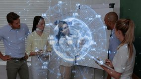 Colleagues presenting bar graphs while analyzing holographic globe data in business meeting. Collaboration, innovation, technology, analytics, teamwork, modern, corporate - Powered by Shutterstock - Get 15% off with code: PIKWIZARD15