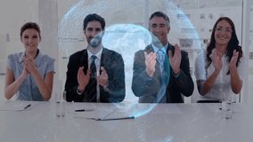 four professionals clapping around table, displaying digital globe hologram in business meeting. Business, teamwork, innovation, connectivity, collaboration, executive, modern - Powered by Shutterstock - Get 15% off with code: PIKWIZARD15