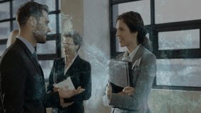 Business professionals discussing DNA data visualization in tech lobby holding portfolio smartphone. Corporate, collaboration, innovation, technology, communication, modernity, networking - Powered by Shutterstock - Get 15% off with code: PIKWIZARD15