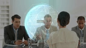 woman presenter gesturing toward holographic globe with network lines, tech team taking notes. Business, innovation, technology, teamwork, conference, futurism, collaboration - Powered by Shutterstock - Get 15% off with code: PIKWIZARD15
