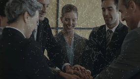 Seven professionals collaborating in business office, showing animated cloud icon and network nodes. Team, networking, digital, collaboration, corporate, modern, innovation - Powered by Shutterstock - Get 15% off with code: PIKWIZARD15