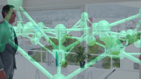 Businessman and businesswoman shaking hands in modern office, with green molecular network overlay. Collaboration, partnership, professionalism, corporate, innovation, networking, teamwork - Powered by Shutterstock - Get 15% off with code: PIKWIZARD15