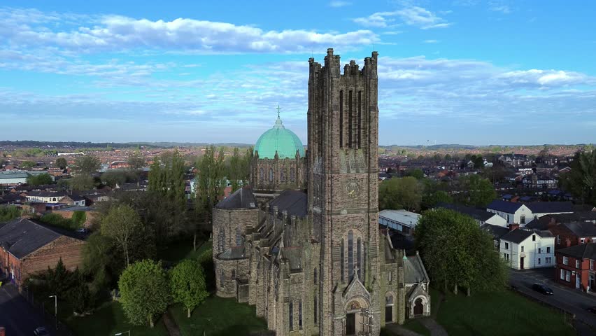 Lowe house parish church establishing aerial view of St Helens industrial town skyline early morning