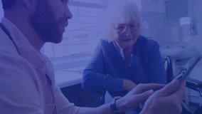 Man pointing tablet as senior woman in wheelchair viewing holographic charts in health care office. Technology, caregiving, service, innovation, communication, digital, support - Powered by Shutterstock - Get 15% off with code: PIKWIZARD15