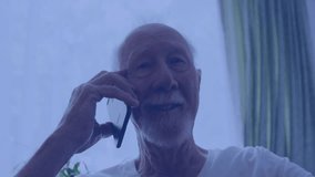 Senior man making smartphone call in home office, showing floating hexagon nodes and data grid tech. Technology, digital, innovation, futuristic, communication, lifestyle, interior - Powered by Shutterstock - Get 15% off with code: PIKWIZARD15