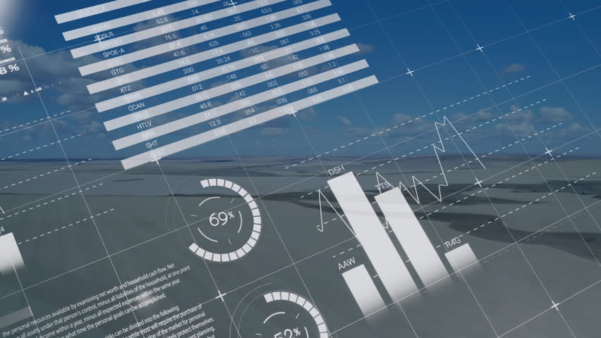 3D render analytics overlay floating over open runway showing pie charts, bar chart and map. Futuristic, data visualization, technology, digital, mobile, corporate, innovation - Powered by Shutterstock - Get 15% off with code: PIKWIZARD15