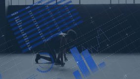 Woman crouching on studio floor, interacting with technology data visualization pie charts grid map. Data, analytics, futurism, digital, modern, innovation, technology - Powered by Shutterstock - Get 15% off with code: PIKWIZARD15