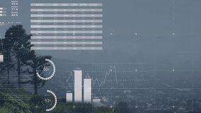 Data overlay floating over forest and cityscape, showing transparent pie charts and bar graphs. Analytics, visualization, finance, charting, dashboard, urban, nature - Powered by Shutterstock - Get 15% off with code: PIKWIZARD15